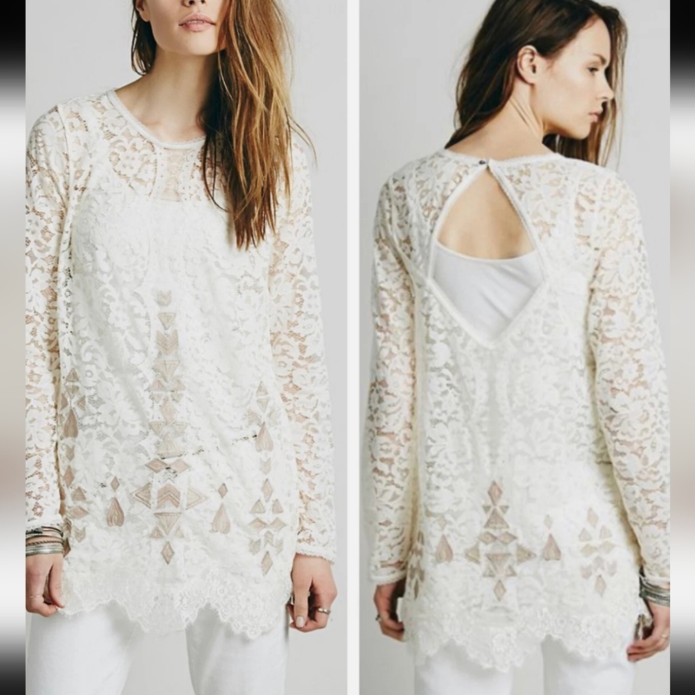 Free People Boho Ivory Lace Tunic Blouse Size Medium